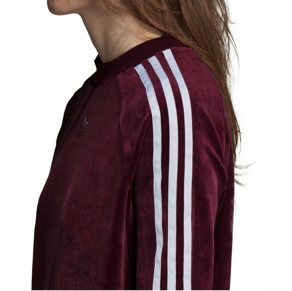 Adidas Velour Crew Neck Maroon Trefoil Sweatshirt Size M - Picture 5 of 12